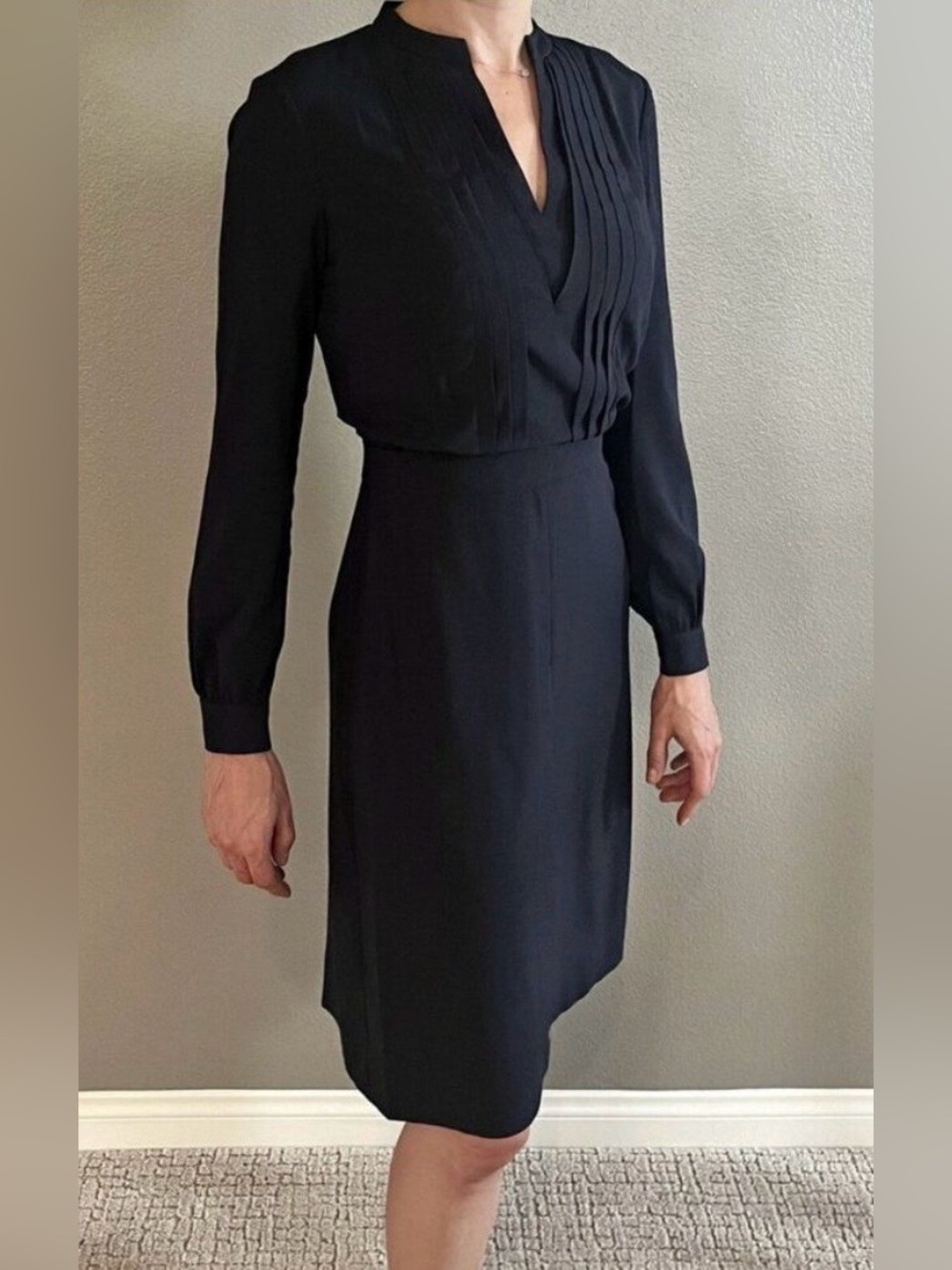 NWT, Tory Burch Navy Blue Pleated V-Neck Long Sleeve Dress